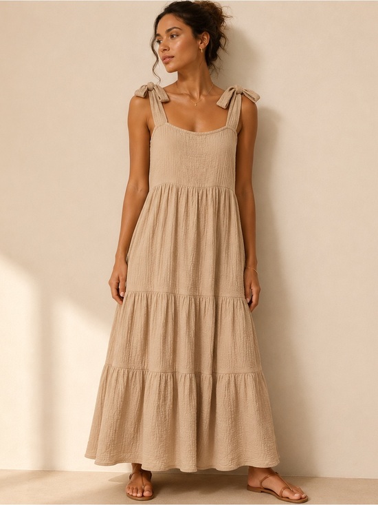 Sedge Apparel Dresses & Skirts - S’Edge Cotton Gauze Tie-Shoulder Tiered Maxi Dress in Taupe